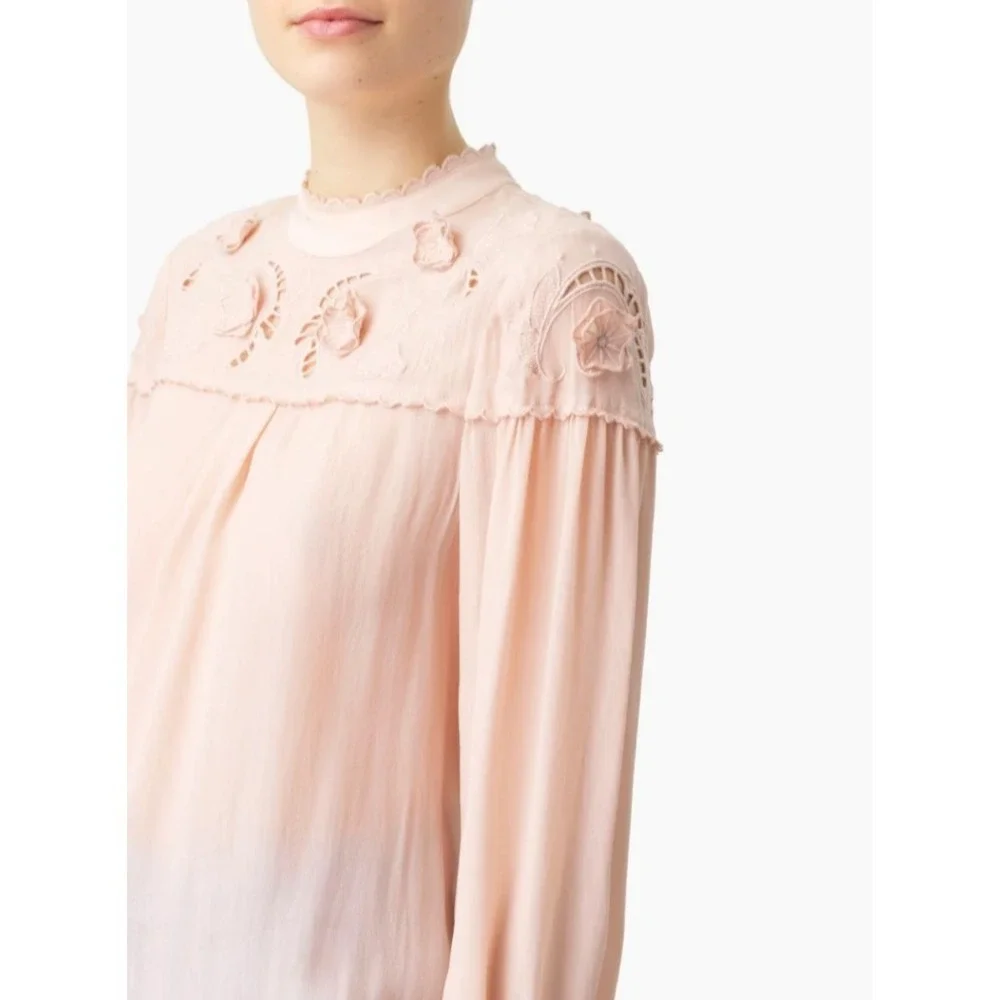 NWT See by Chloe Pullover Blouse Smoky Pink Embroidered Yokes Long Sleeve SZ 36